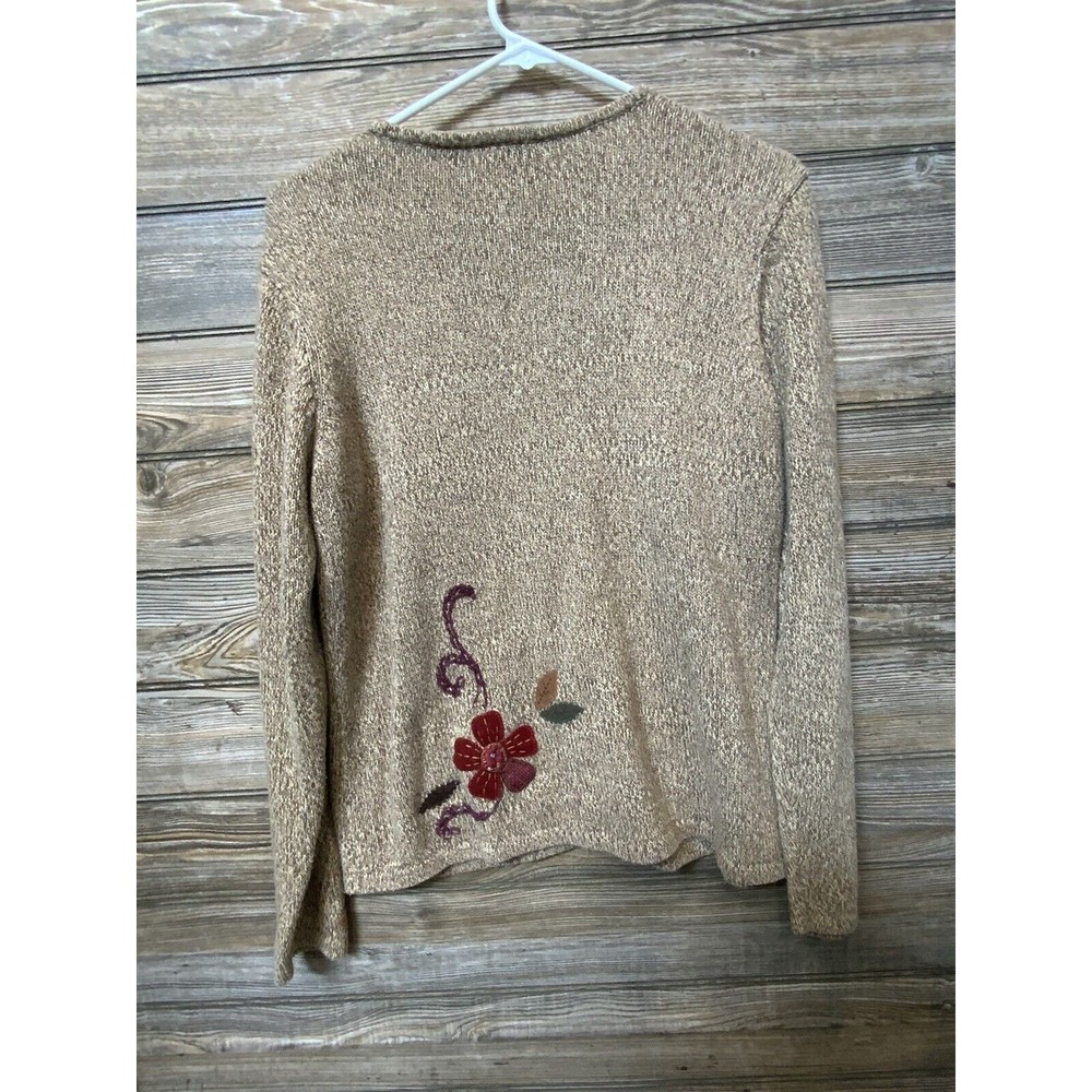Crazy Horse Liz Claiborne Fall Sweater Cardigan w/ Applique Flowers Zip Petite L - Picture 6 of 6
